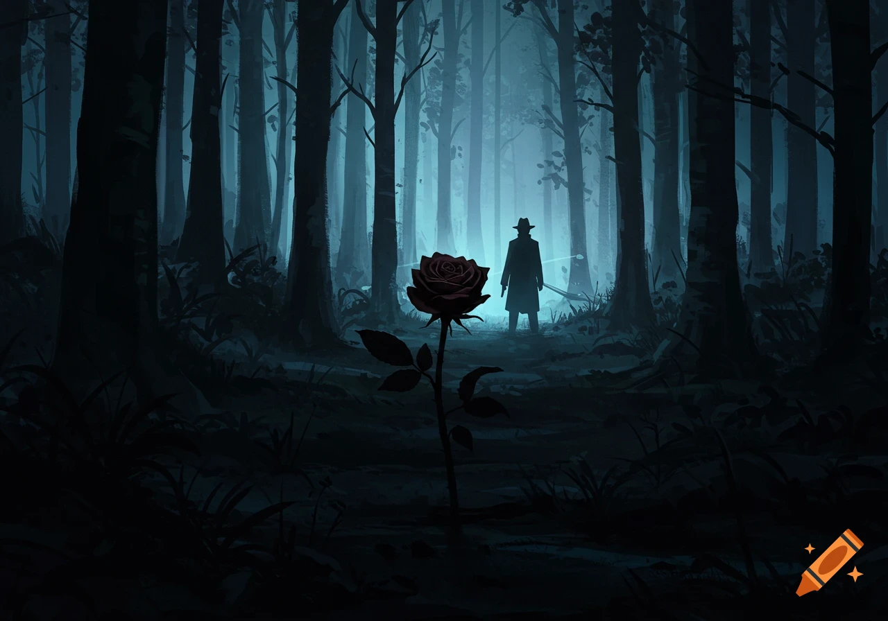 A silhouette figure stands in a dark forest with a red rose prominent in the foreground.