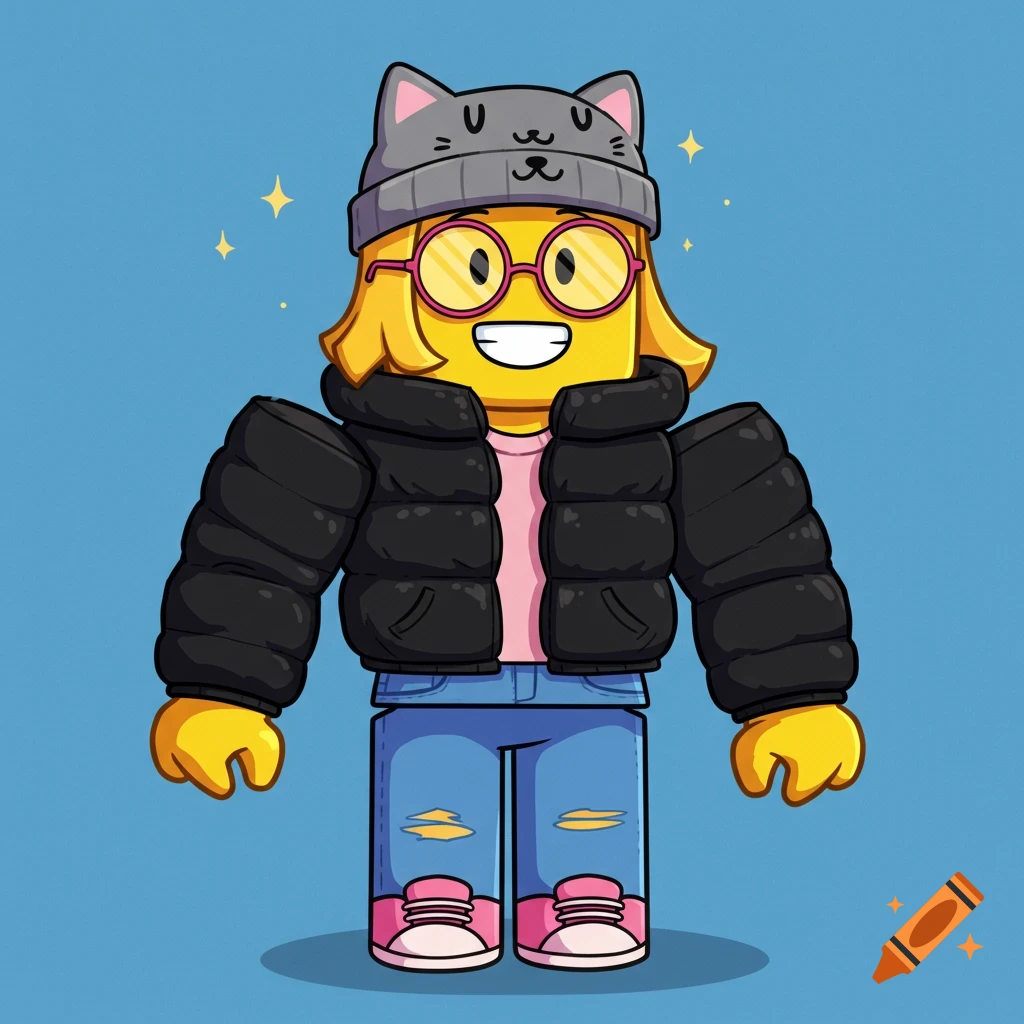 A blocky cartoon character with a cat beanie, pink glasses, black puffer jacket, blue jeans, and pink shoes.