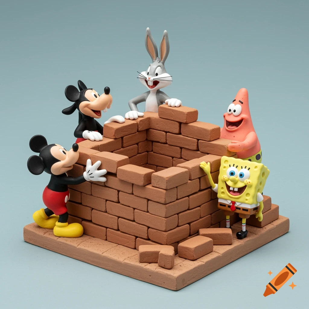 Ceramic figurine of Mickey Mouse, Bugs Bunny, SpongeBob, and Patrick Star building a brick wall.
