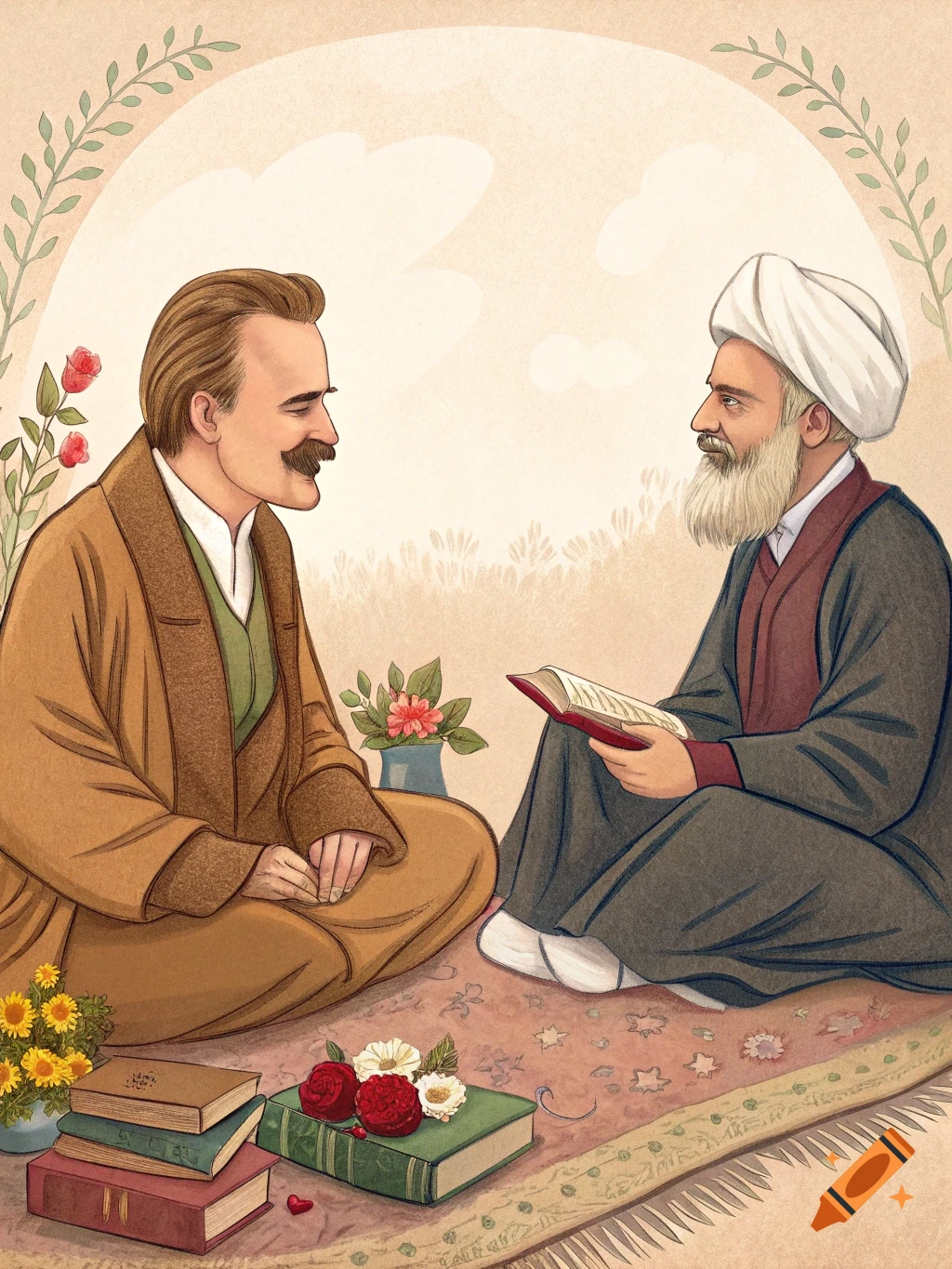 Illustration of Friedrich Nietzsche and Rumi sitting on a rug, talking and looking at books, surrounded by flowers.