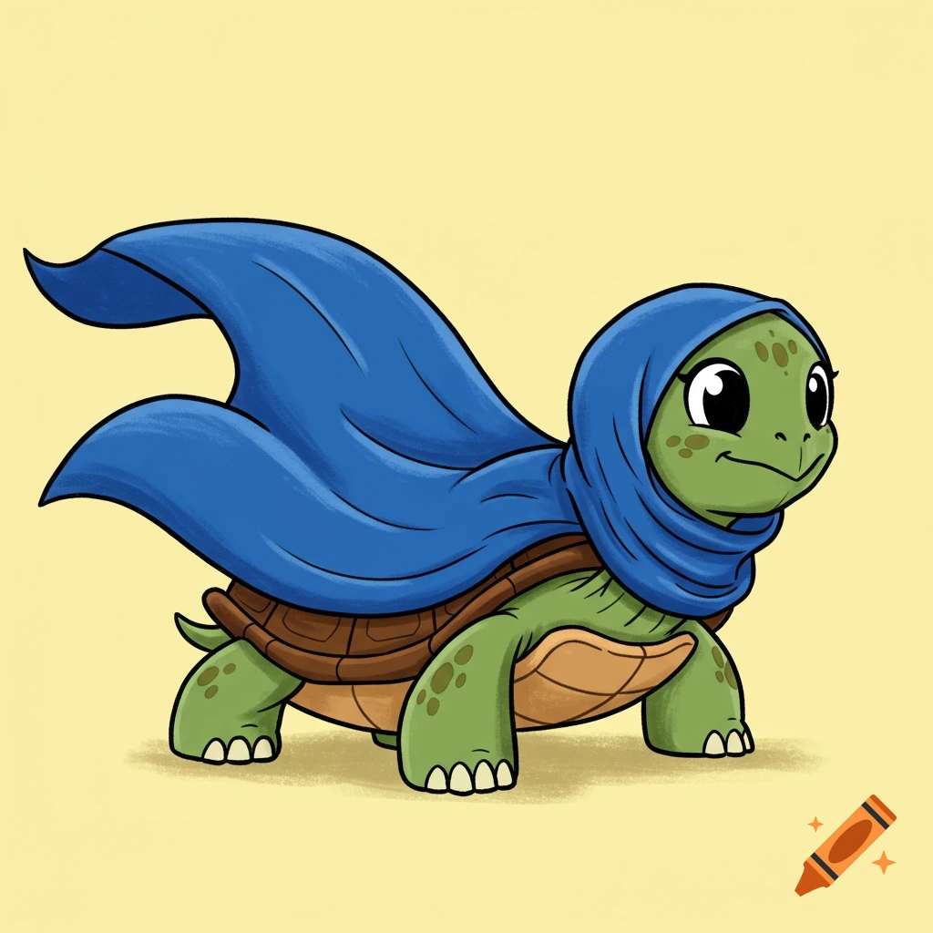 A cartoon turtle wears a blue hijab like a cape.