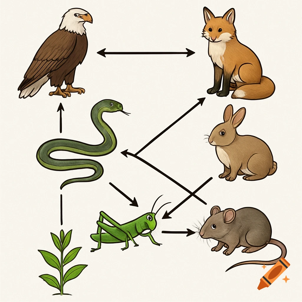 An illustrated food web diagram showing a plant, grasshopper, snake, rabbit, mouse, fox, and eagle connected by arrows.
