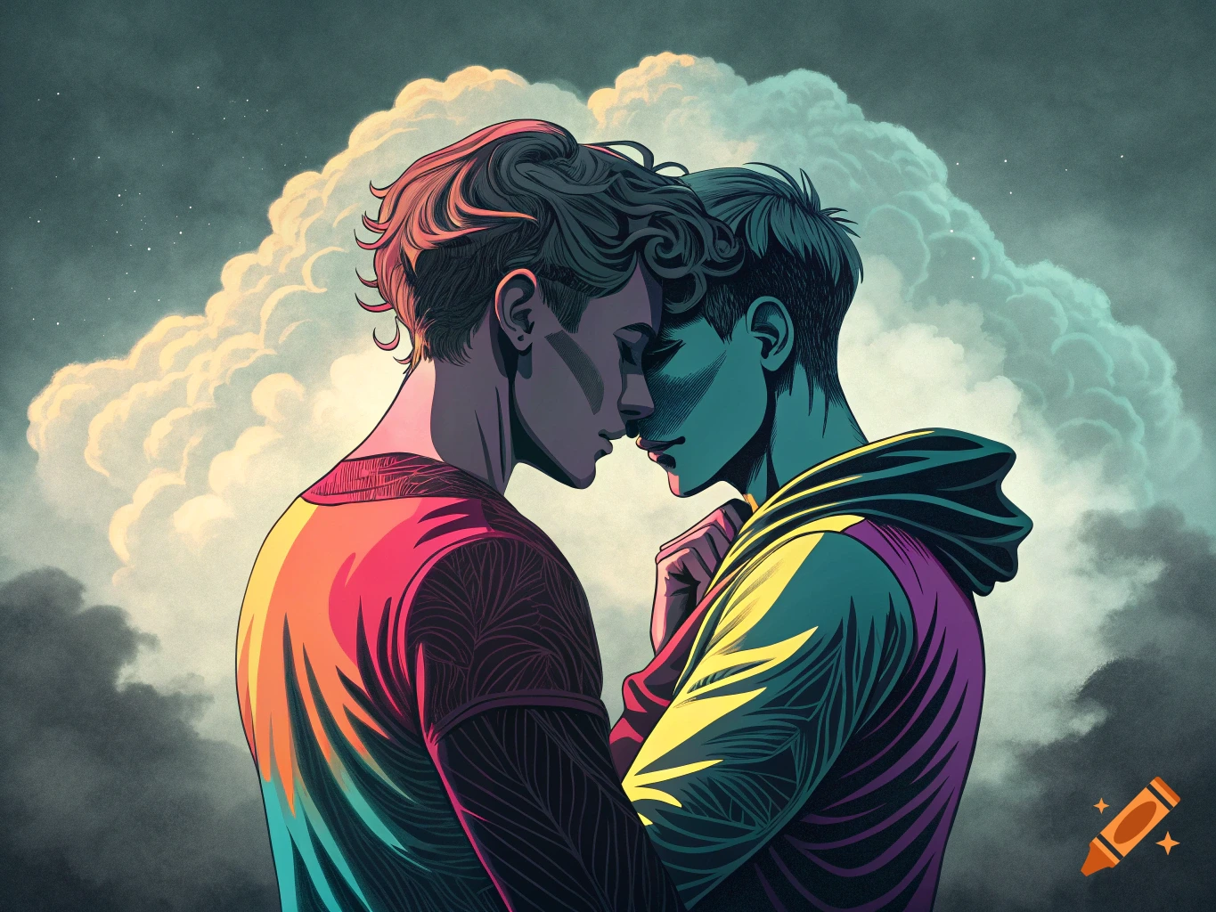 Pop art illustration of two people facing each other closely, with a cloudy sky background.