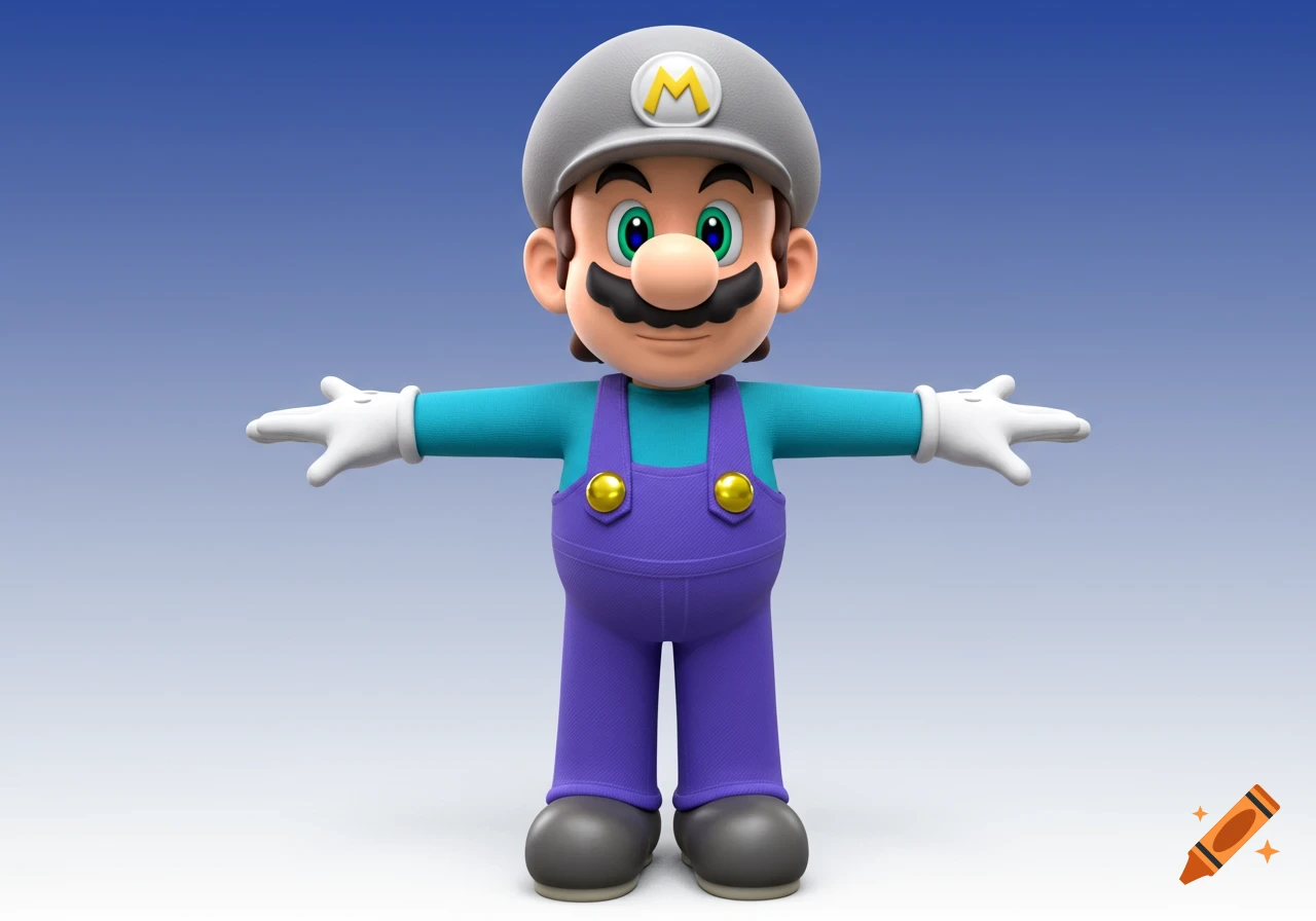 A 3D render of a character similar to Mario or Luigi, wearing a cyan shirt, purple overalls, and a grey hat with an M, arms outstretched.