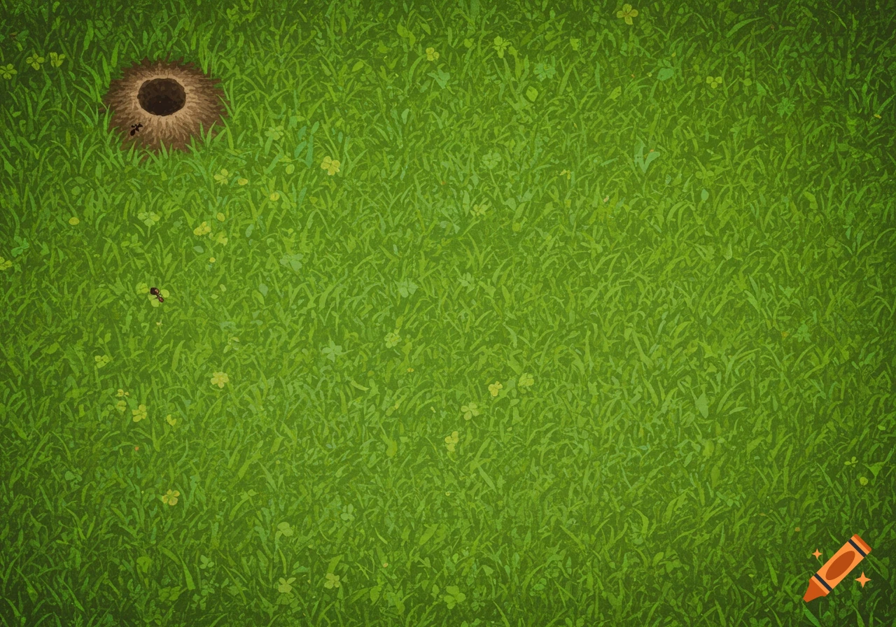 A top down view of green grass with an ant hill and two ants in the corner.