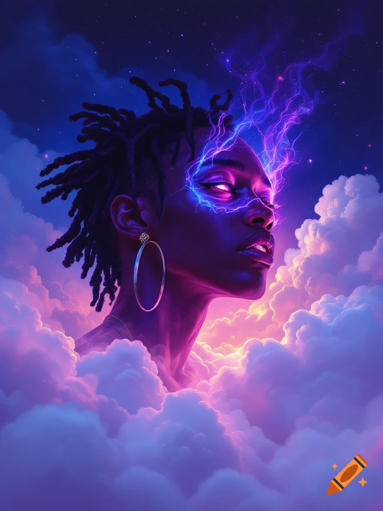 A person with glowing eyes and lightning against a starry sky with clouds.