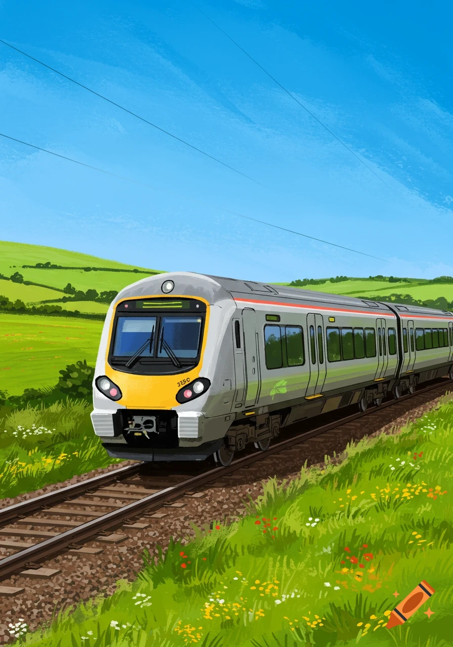 A grey and yellow train travels through a green hilly landscape.