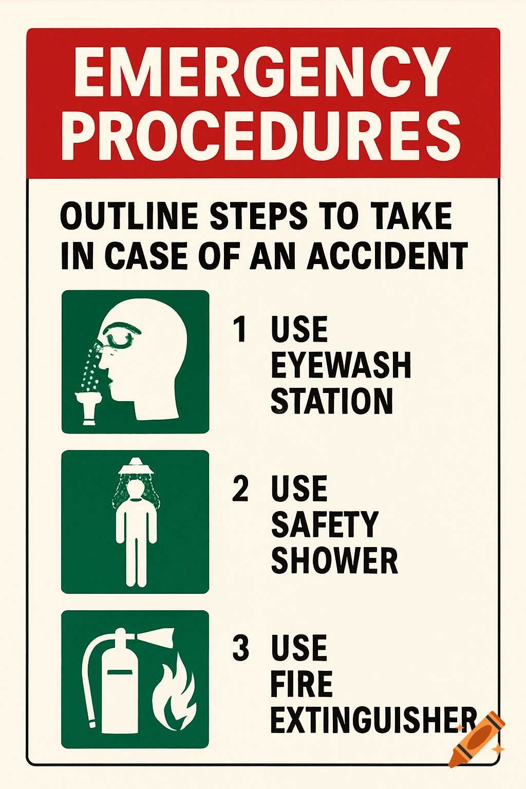 Emergency procedures safety poster with icons for eyewash, safety shower, and fire extinguisher.