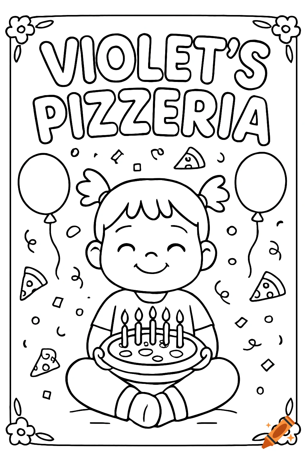 Black and white coloring page of cartoon girl holding pizza with candles, text 'VIOLET'S PIZZERIA', balloons, and pizza slices.