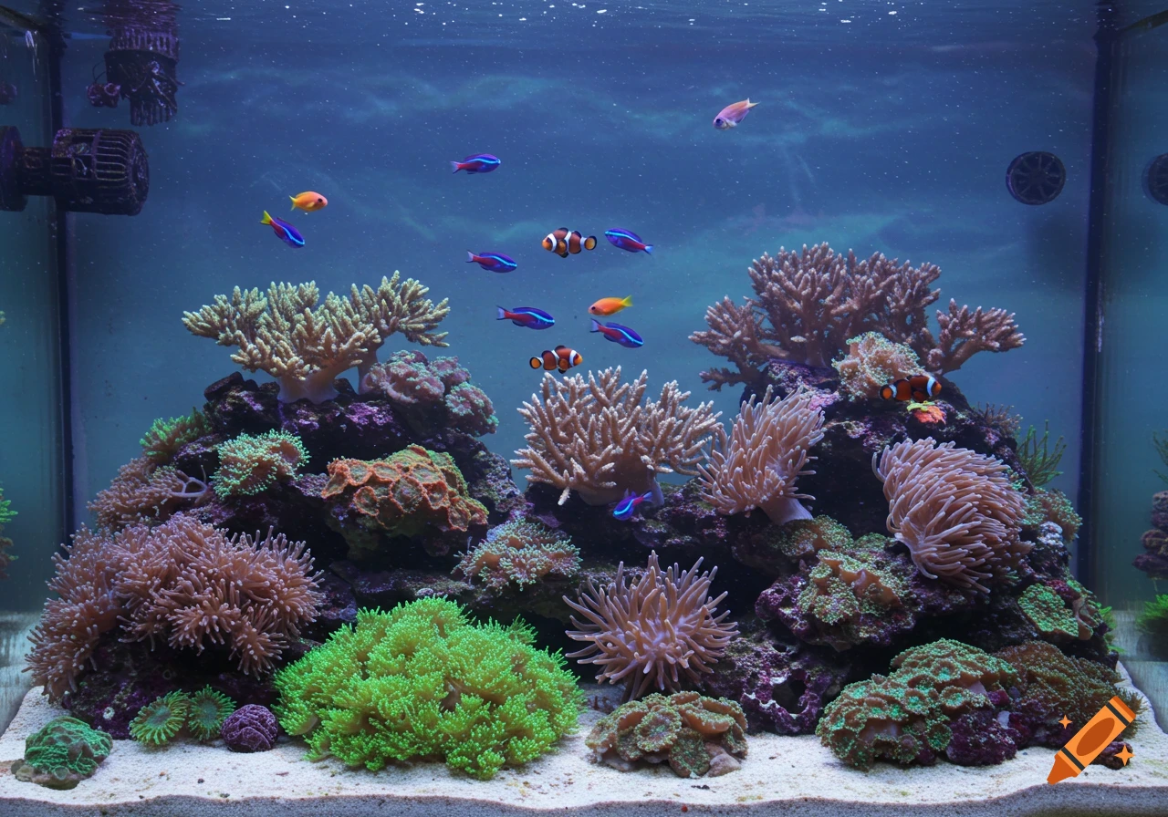 A vibrant saltwater aquarium with colorful fish and corals.