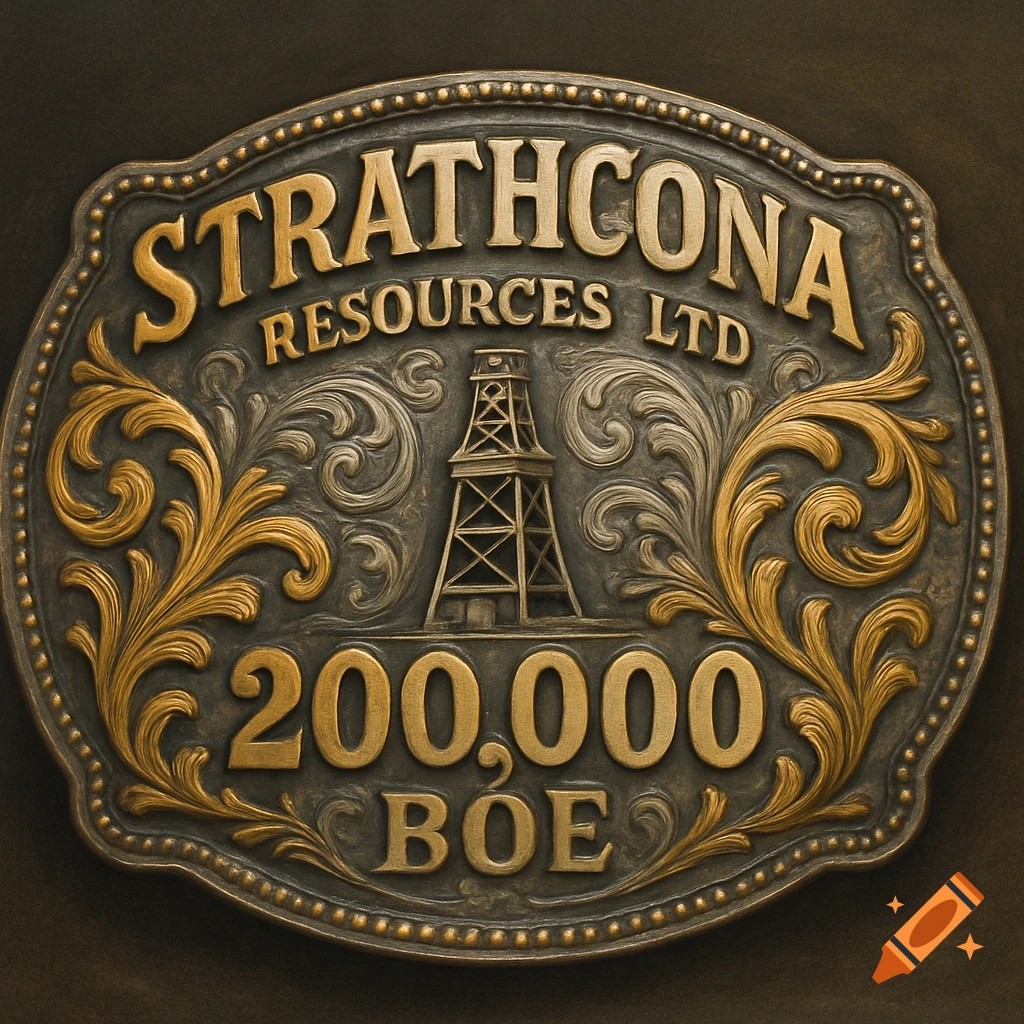Ornate Western-style belt buckle with 'Strathcona Resources Ltd 200,000 BOE' text and oil rig.