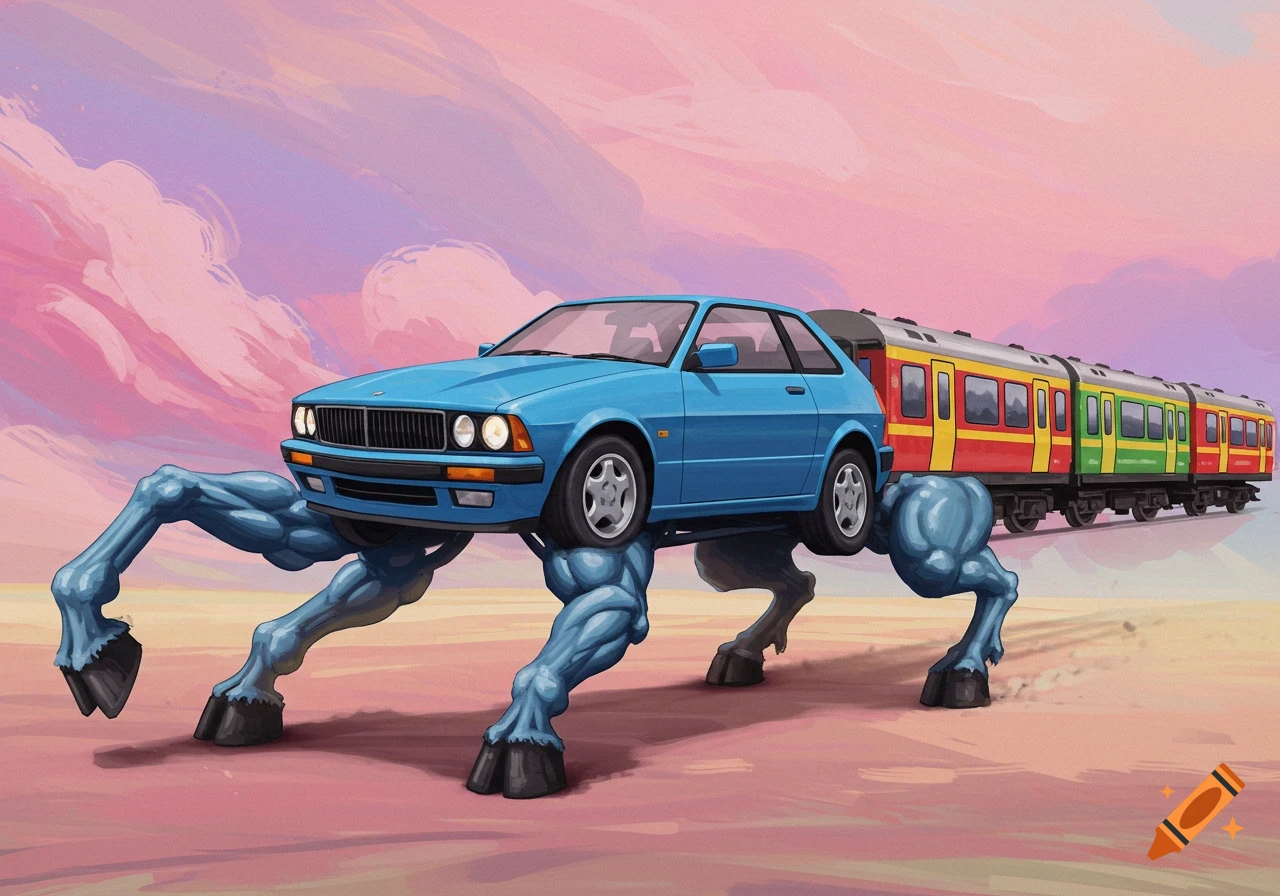 A blue car attached to a train with muscular legs walks across a landscape under a pink and purple sky.