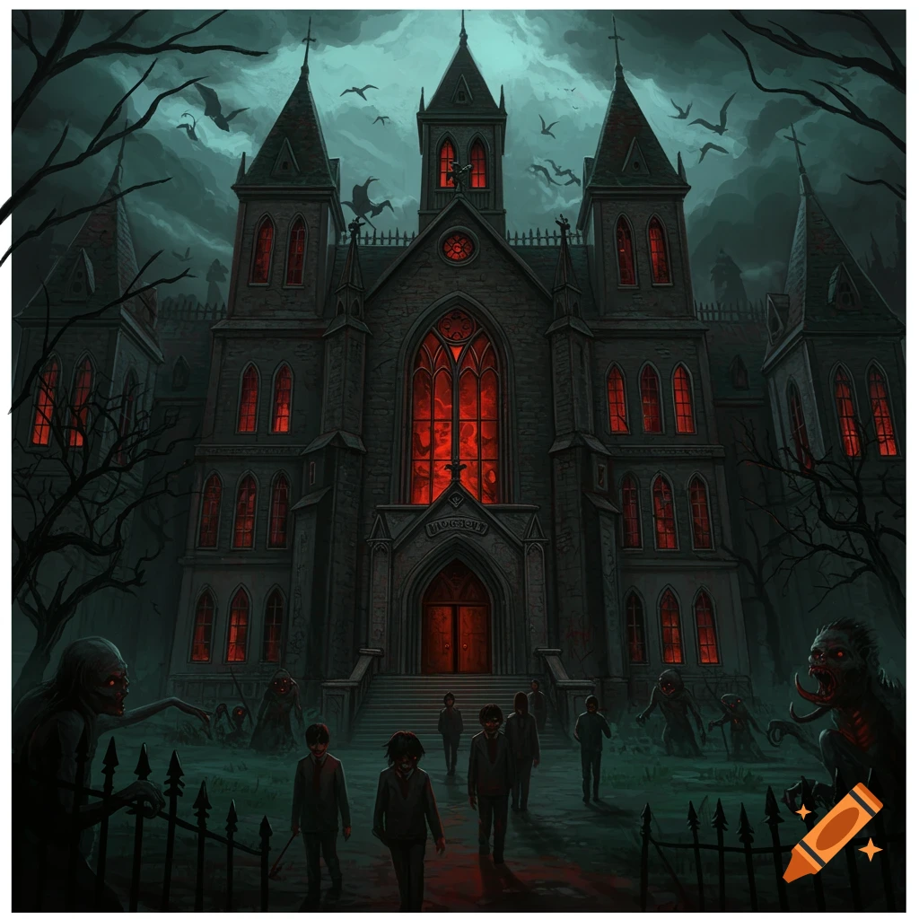 A dark gothic school with red glowing windows, surrounded by zombies and creepy children under a stormy sky.