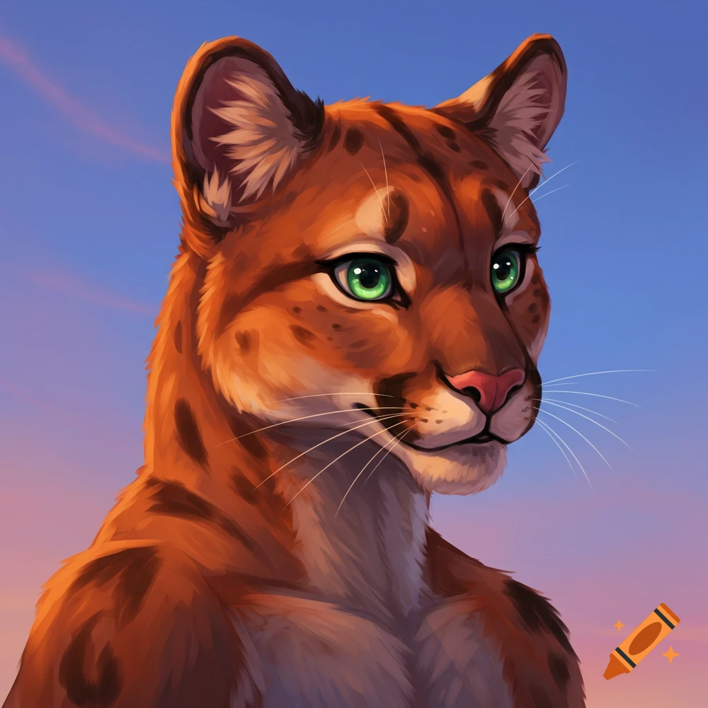 A cougar furry with green eyes