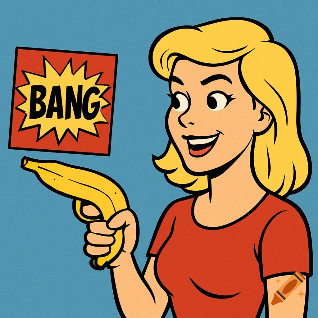 Cartoon woman with blonde hair holding a banana like a gun, with a comic sound effect 'BANG'.