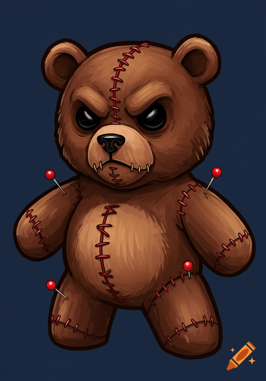 An angry brown teddy bear voodoo doll covered in stitches and pins