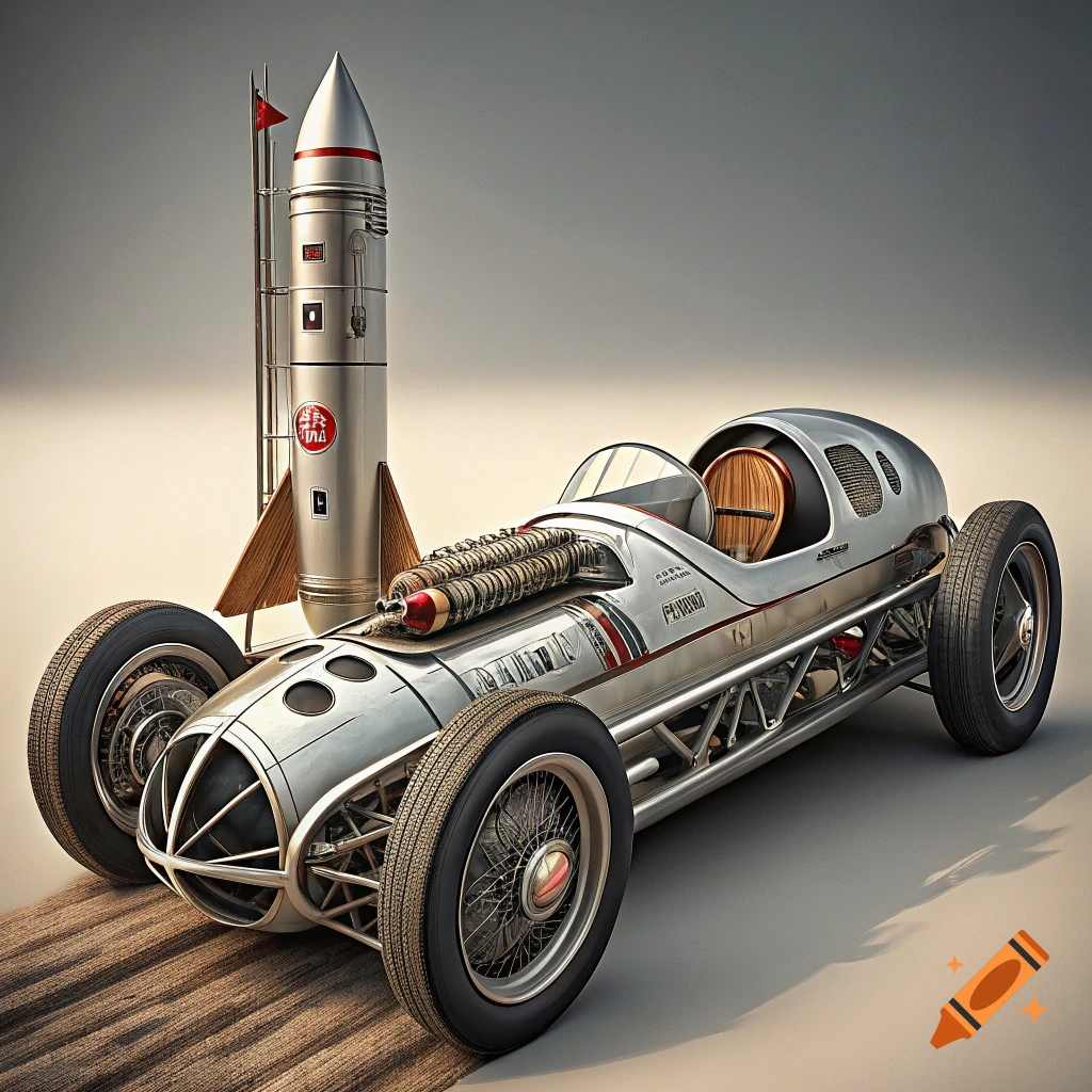 A silver, retro-futuristic race car with a rocket attached.