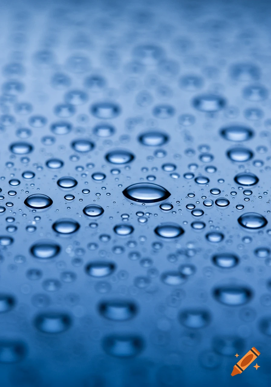 Macro photo of clean water droplets on a blue surface