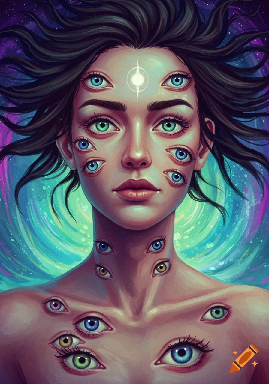 A person with multiple eyes on their face and body stands against a colorful, swirling background.