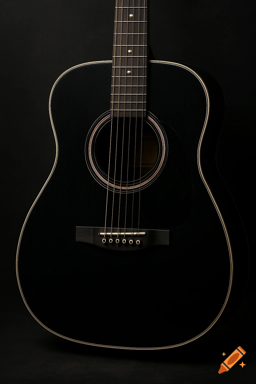 Close-up of a black acoustic guitar on a black background