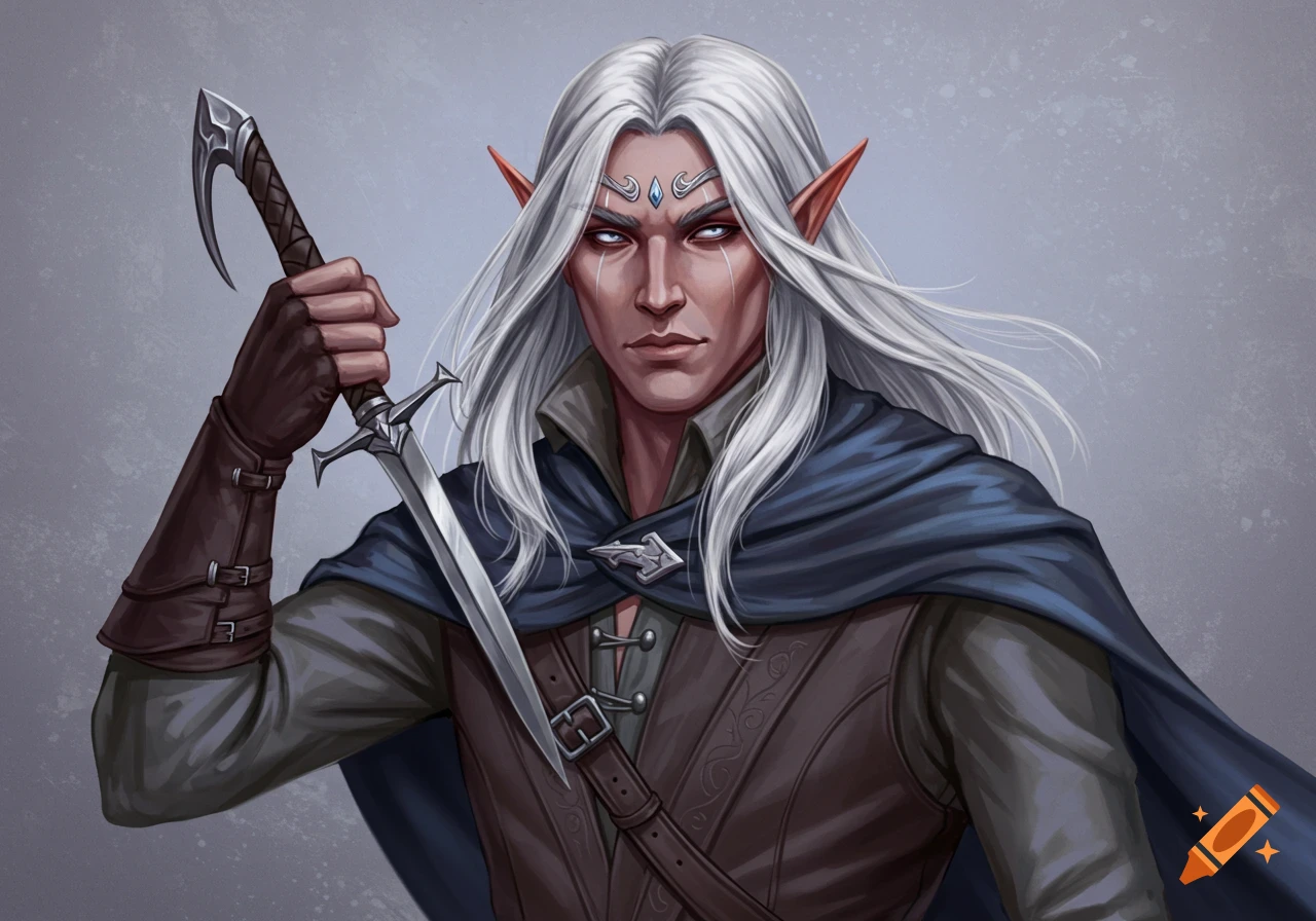 Portrait of a white-haired fantasy character holding a sword.
