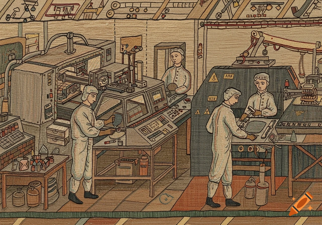 Workers in a cleanroom with complex machinery, depicted in the style of a tapestry.