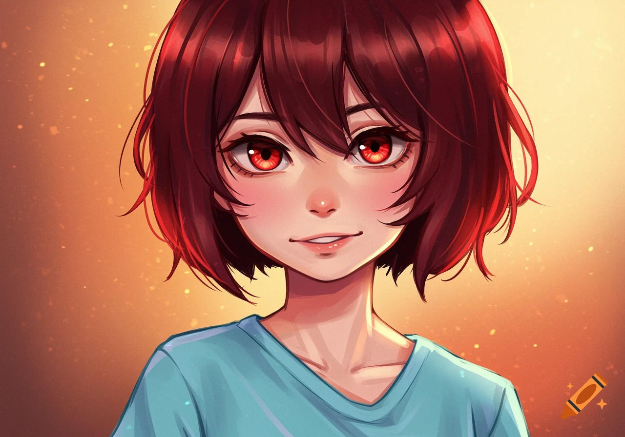 An anime character with short red hair, red eyes, and a blue shirt smiling against a warm background.