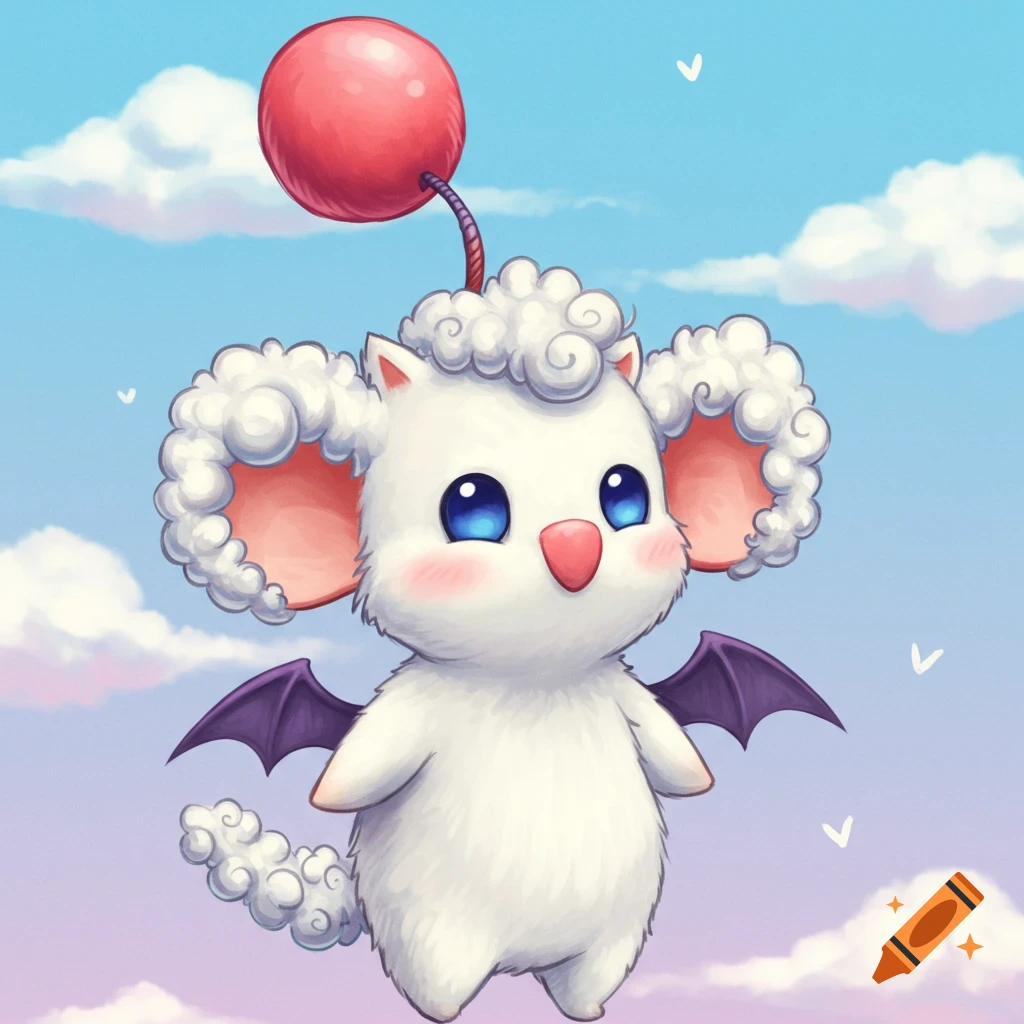 Cute white Moogle creature with curly fur and purple wings flies in cloudy sky