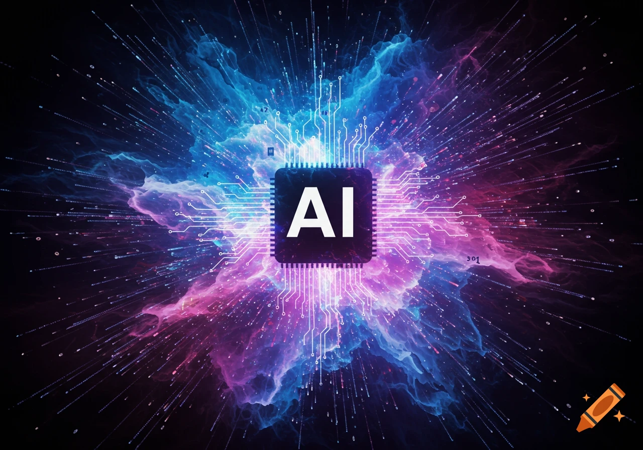 A central computer chip labeled 'AI' surrounded by glowing circuits and abstract energy fields.