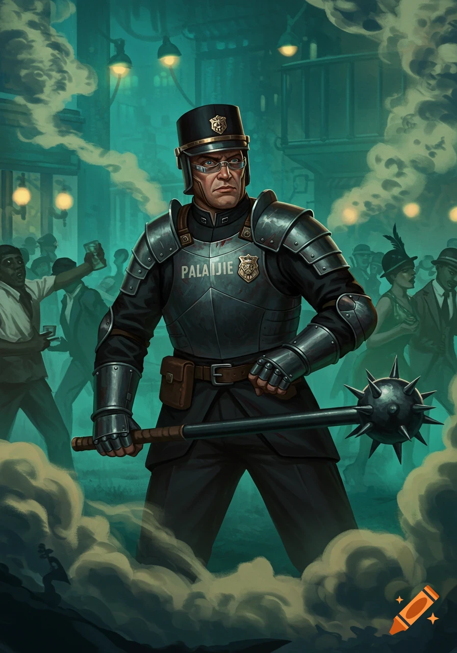 An armored officer with a mace stands in a smoky 1920s street scene.