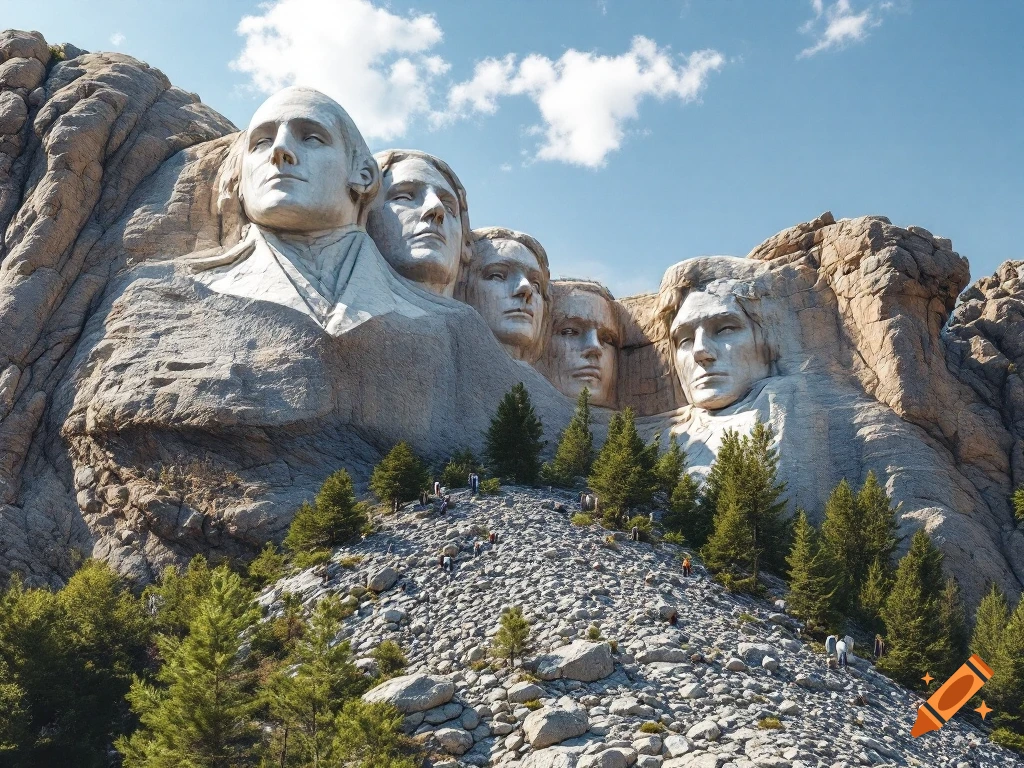 Photorealistic image of Mount Rushmore with people hiking on the slopes below.