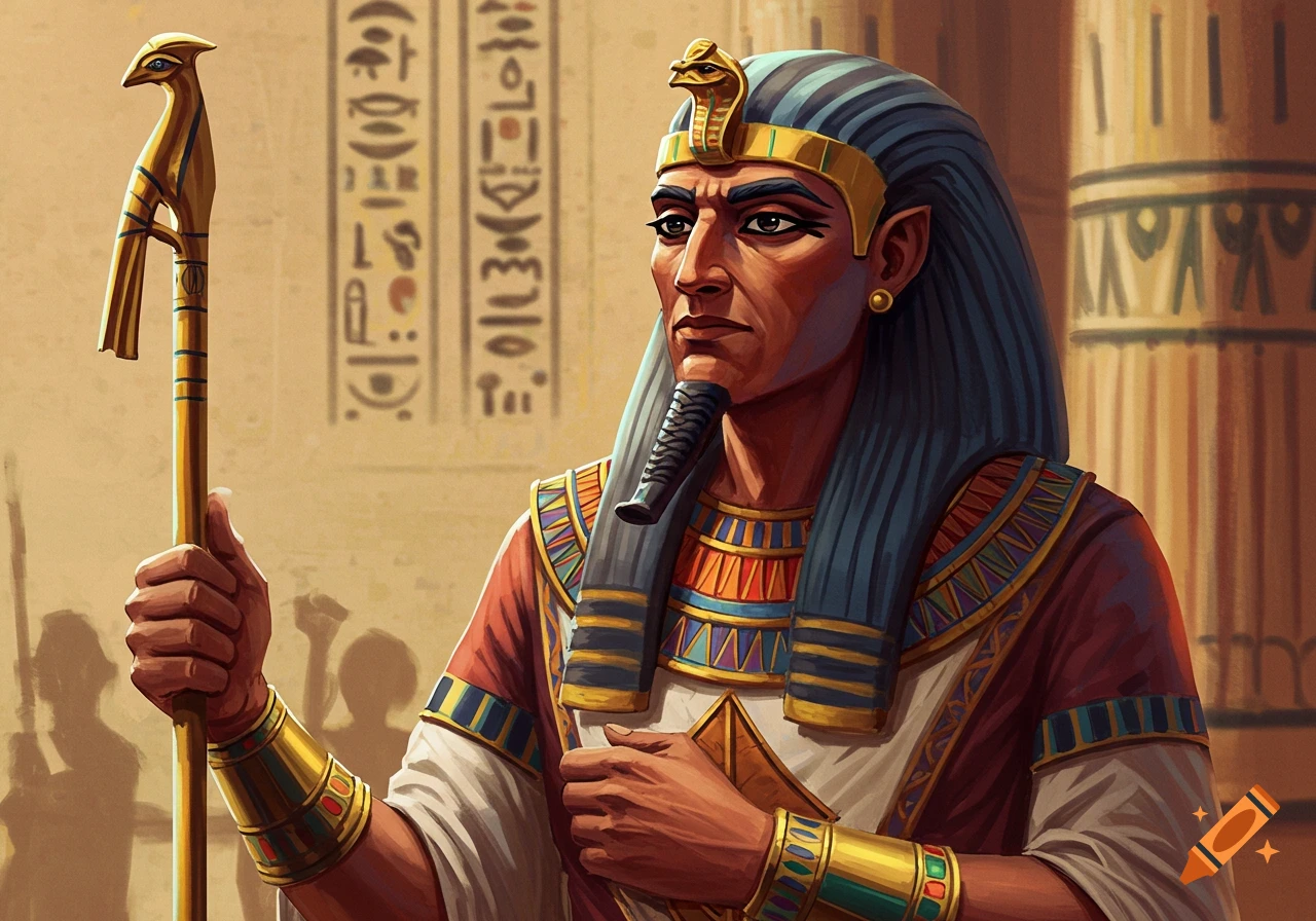 An ancient Egyptian figure in ornate attire holds a staff, with hieroglyphs adorning a wall.