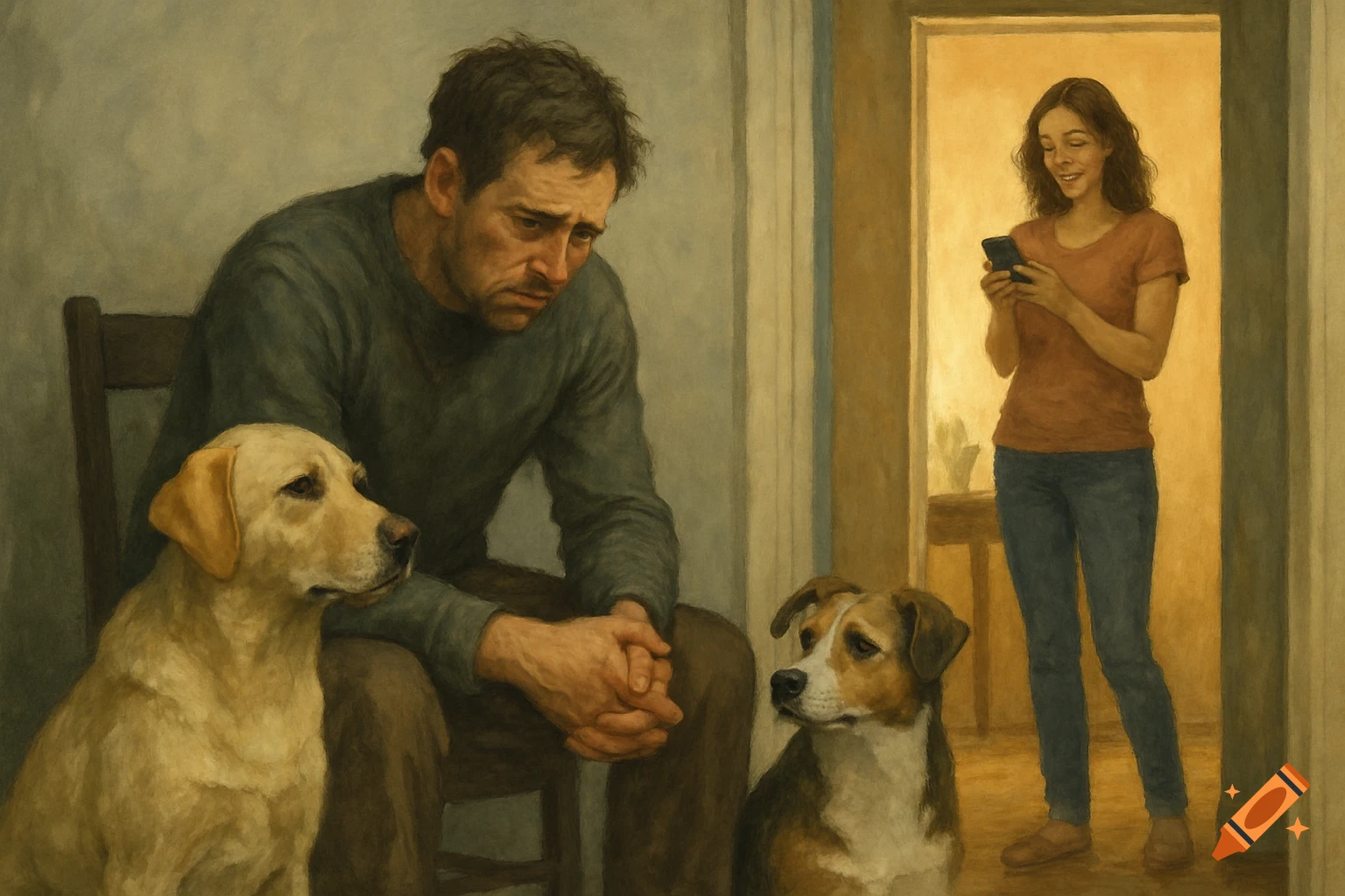 A sad man with two dogs is looking at a happy woman texting in another room.