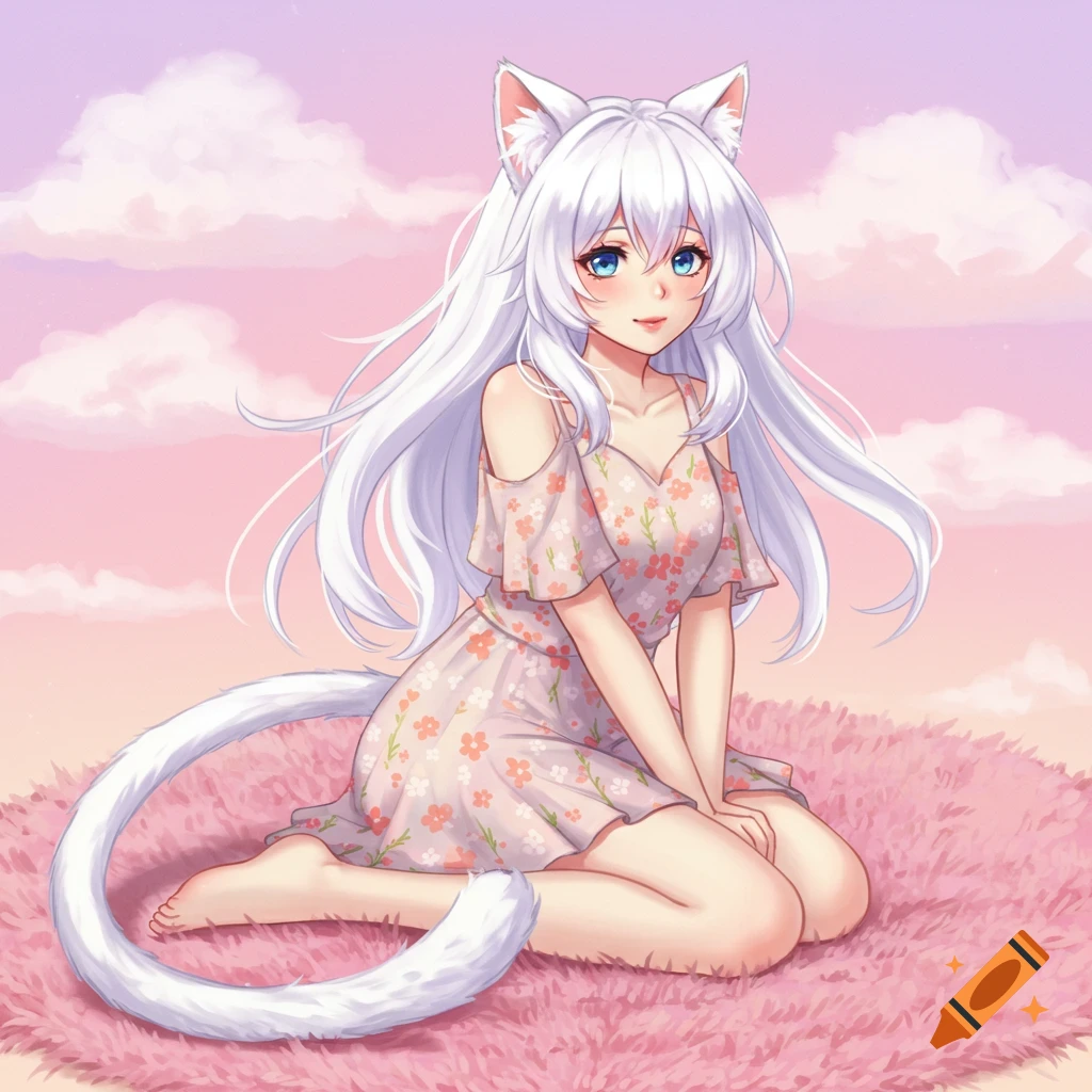Anime cat girl with white hair, ears, and tail in a floral dress sitting on a rug.