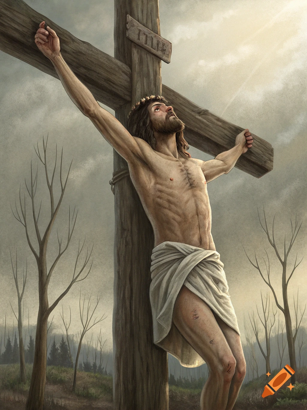 Illustration of Jesus Christ on the cross with a crown of thorns against a cloudy sky.