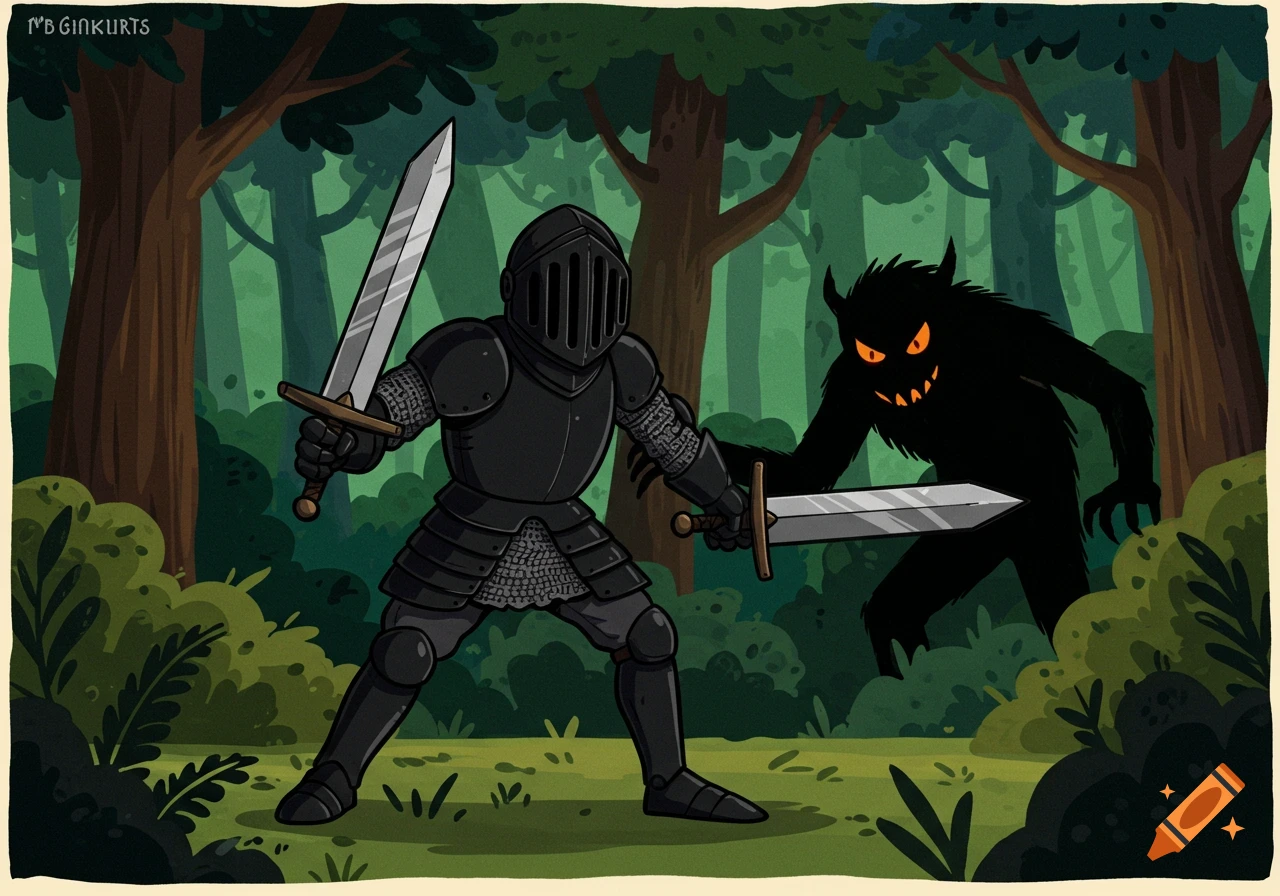 Storybook cartoon of a black knight with sword fighting a shadowy monster in a forest.