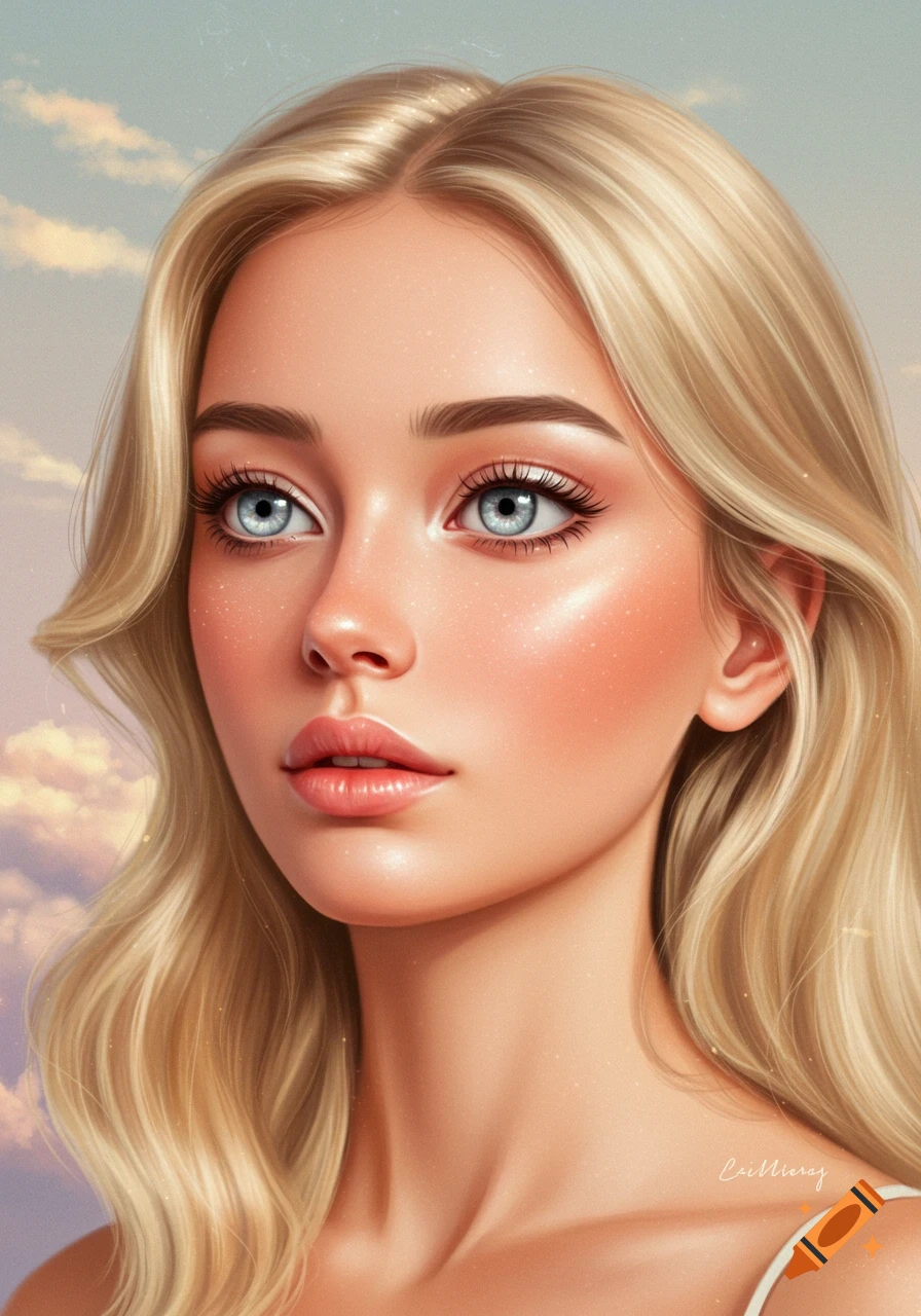 Portrait of a blonde woman with blue eyes.