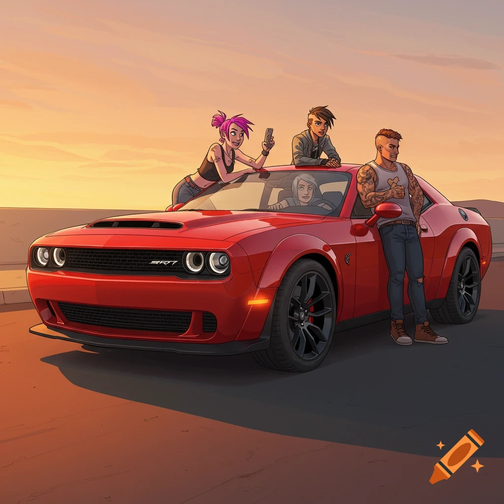 A group of people standing around a red Dodge Challenger Hellcat in a stylized scene.
