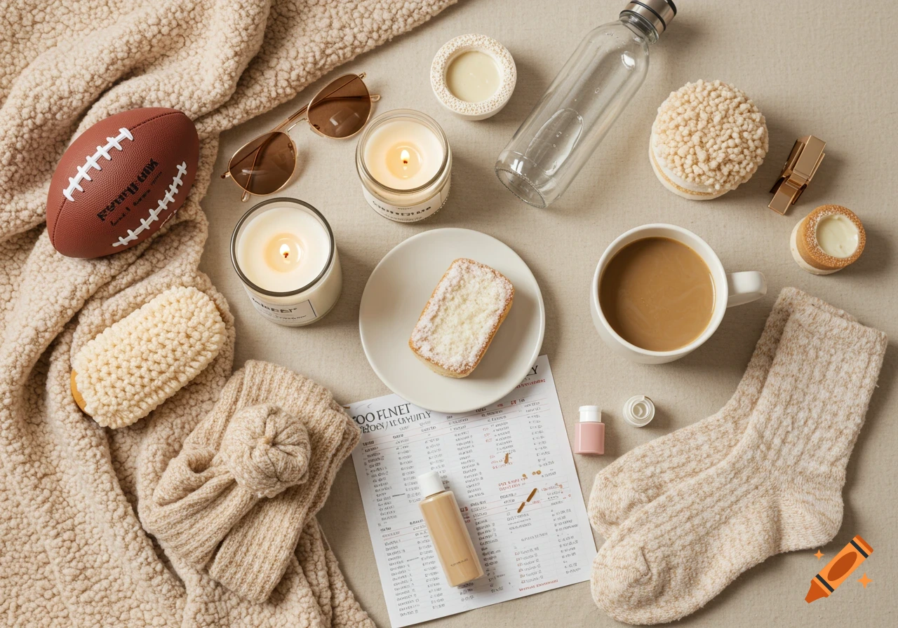 A flat lay of cozy items including a blanket, lit candles, fuzzy socks, coffee, cake, sunglasses, water bottle, and a football.