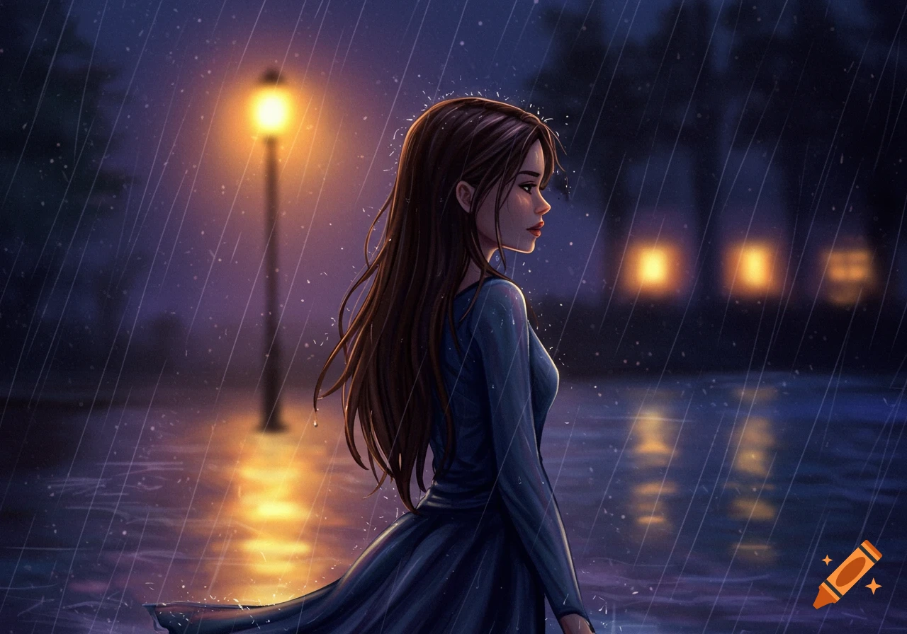 A woman standing in the rain at night