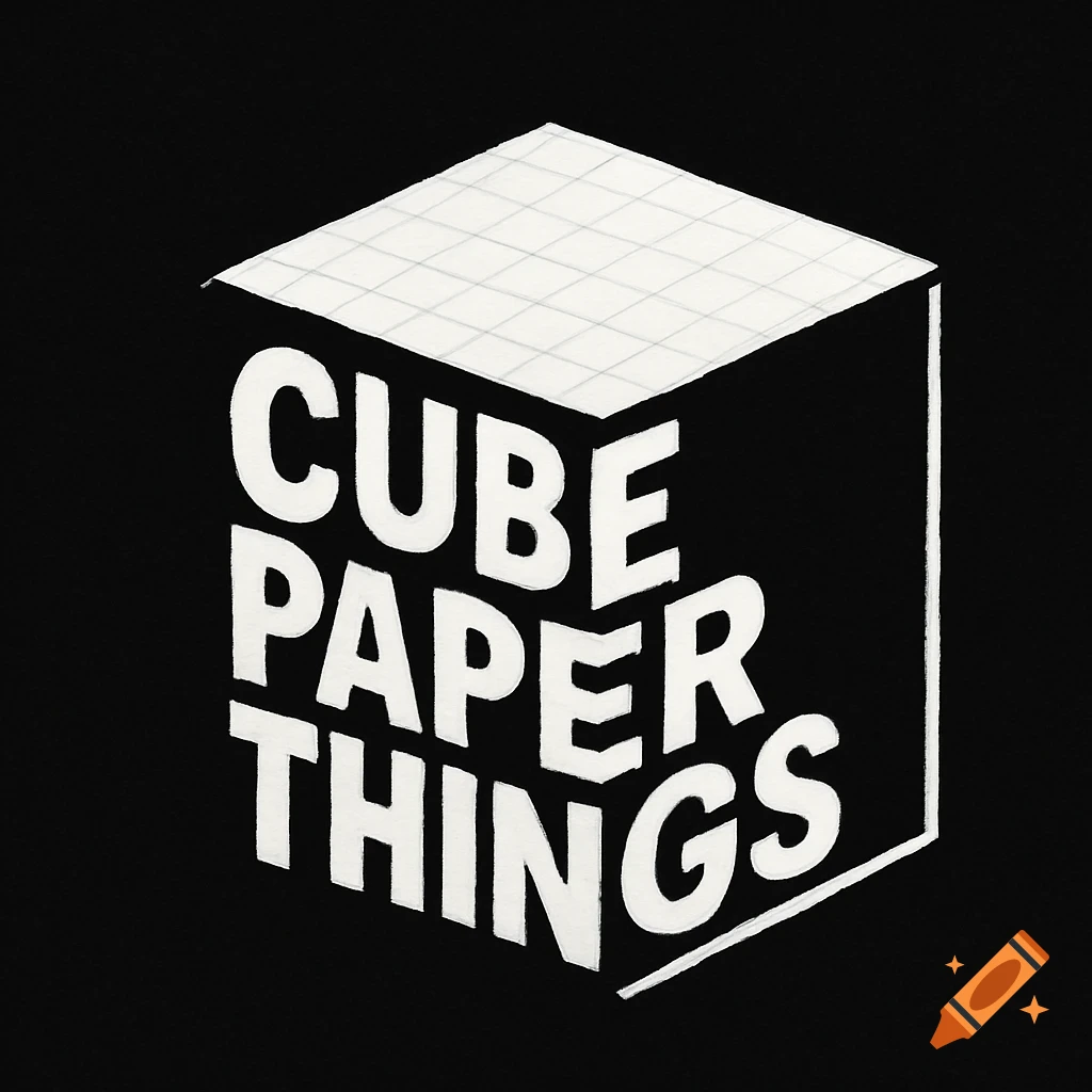 Graphic design of a white cube with grid lines on black background, text 'CUBE PAPER THINGS' on the side.