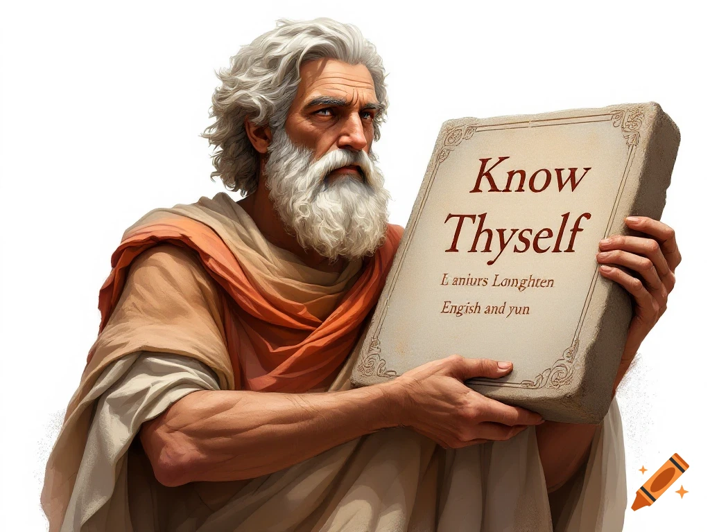 An ancient man in robes is holding a stone tablet with 'Know Thyself' text inscribed on it.