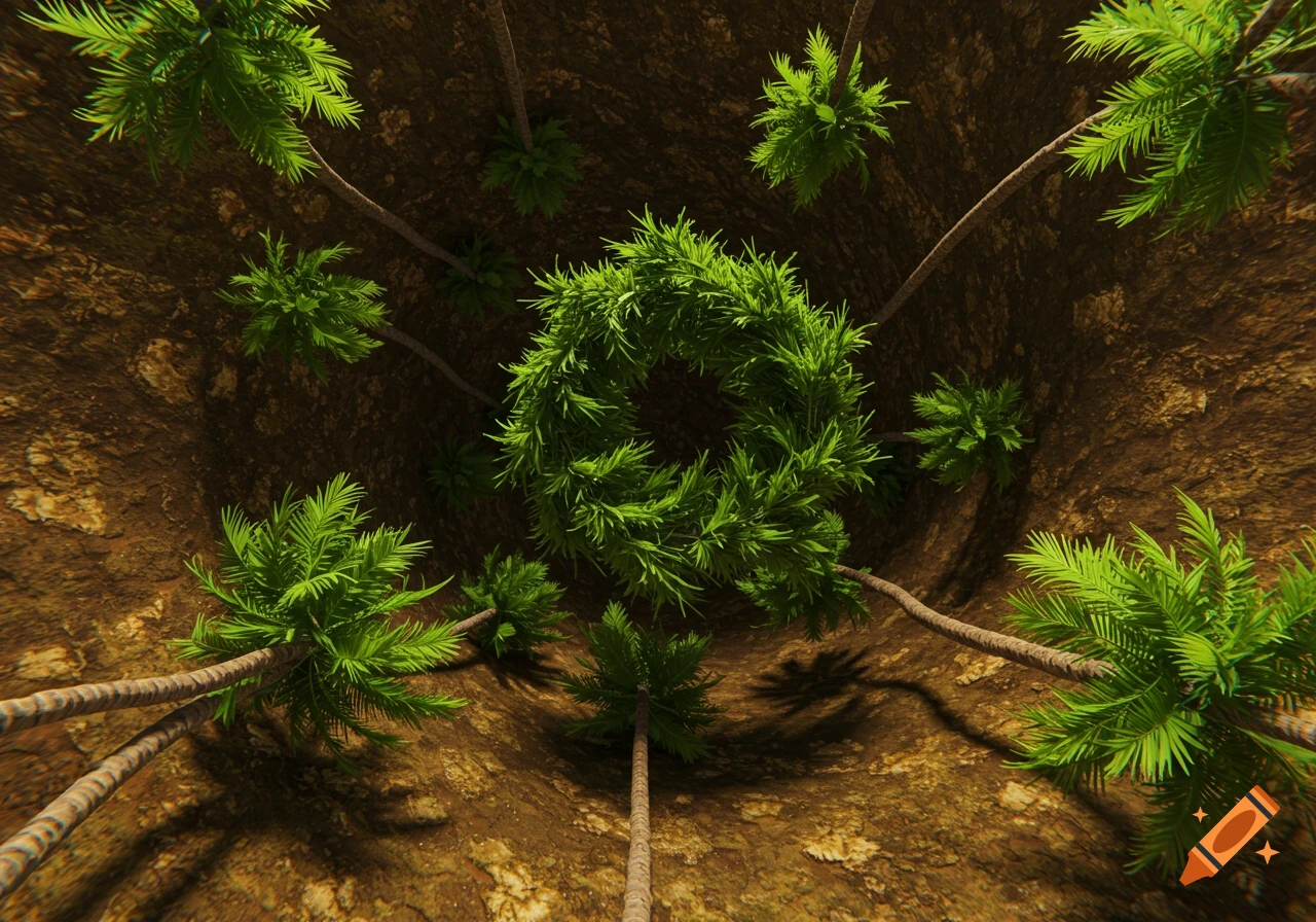 High angle view of palm trees growing from the sides of a deep pit with a ring of greenery in the center.