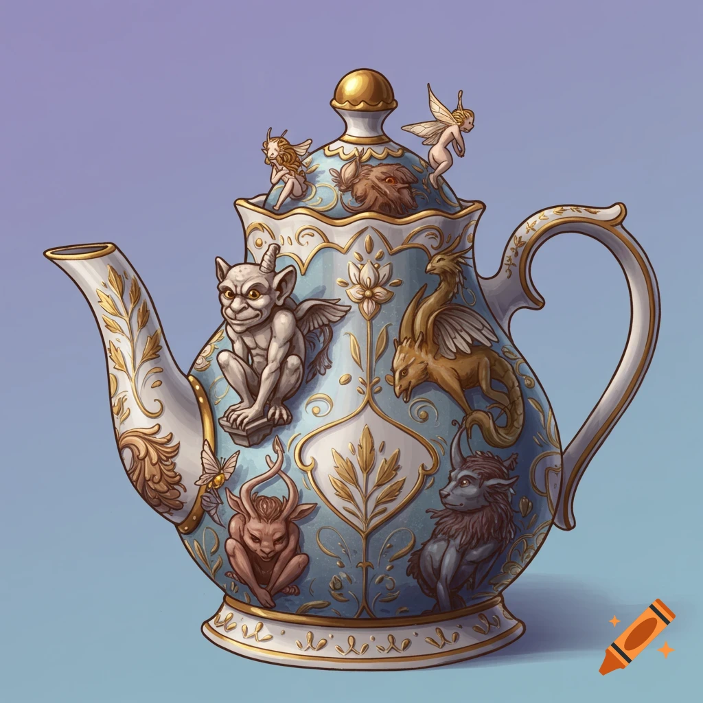 A decorative teapot covered in figures of mythical creatures.