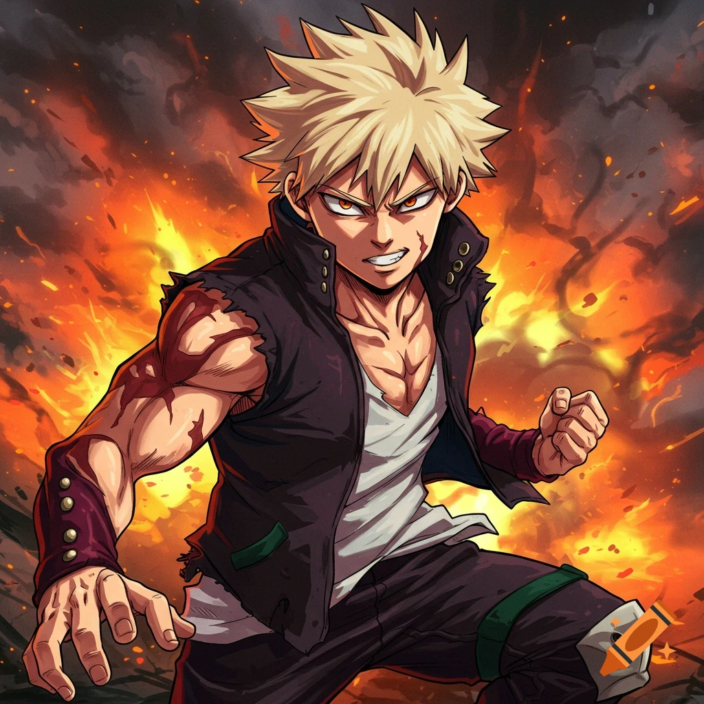 Anime male character in fighting stance with fire background