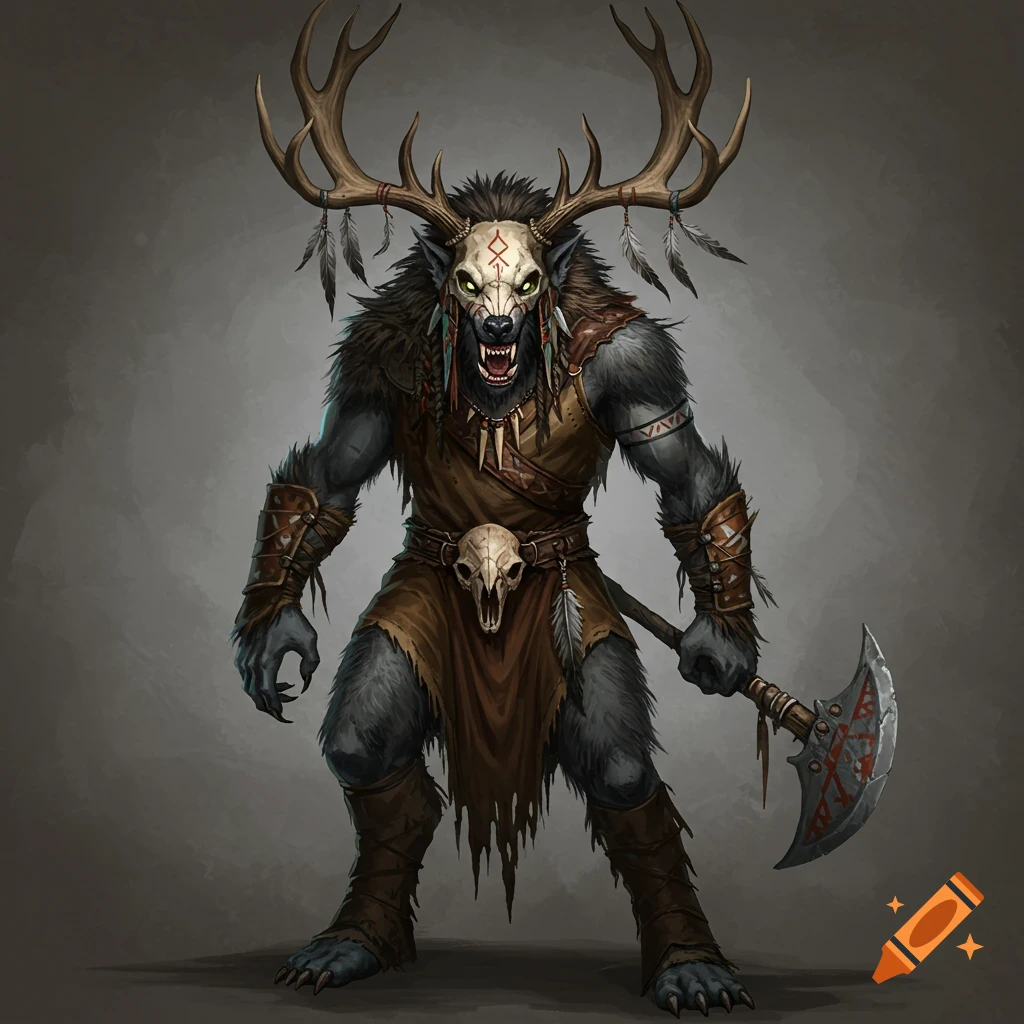 A werewolf warrior wearing an antler headdress and holding an axe.