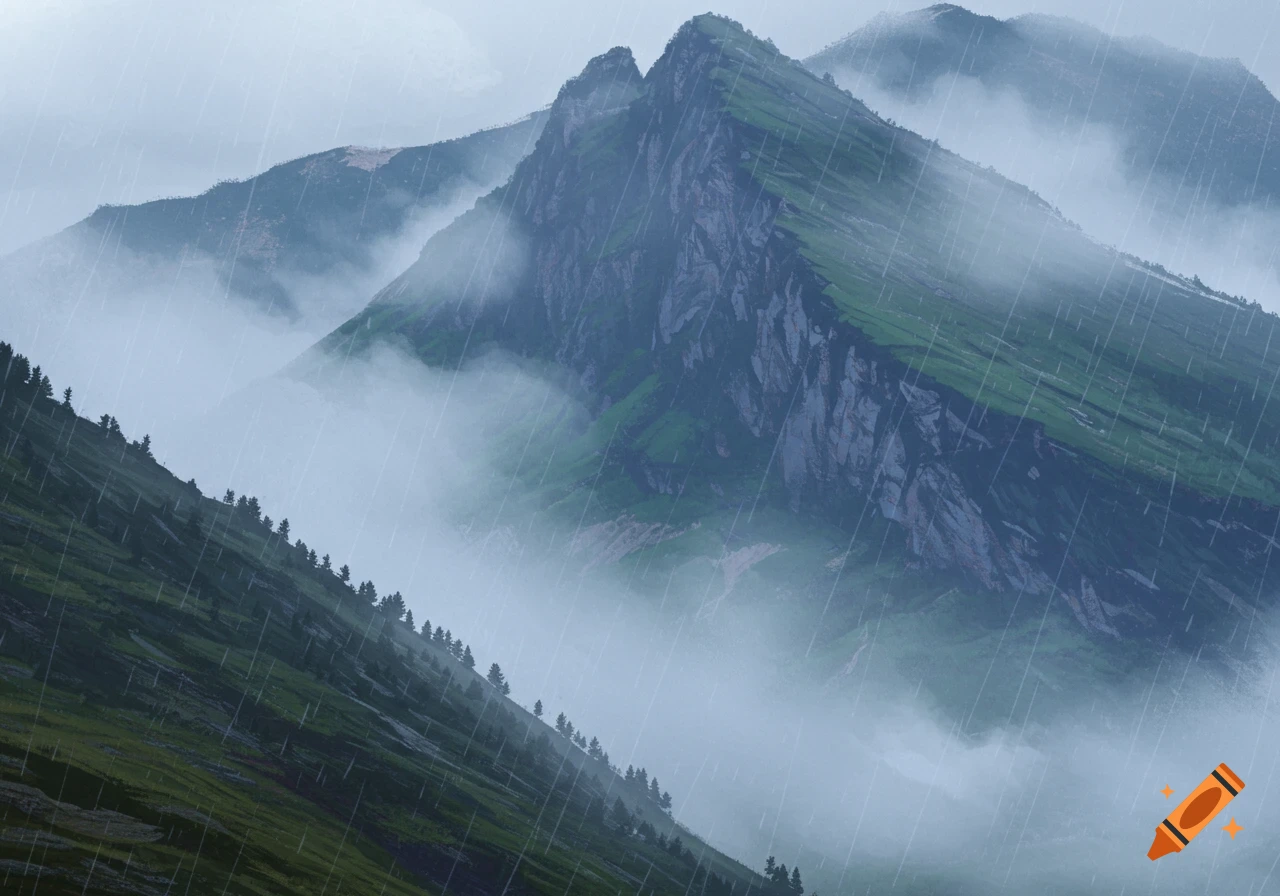 Misty mountains with clouds and rain.