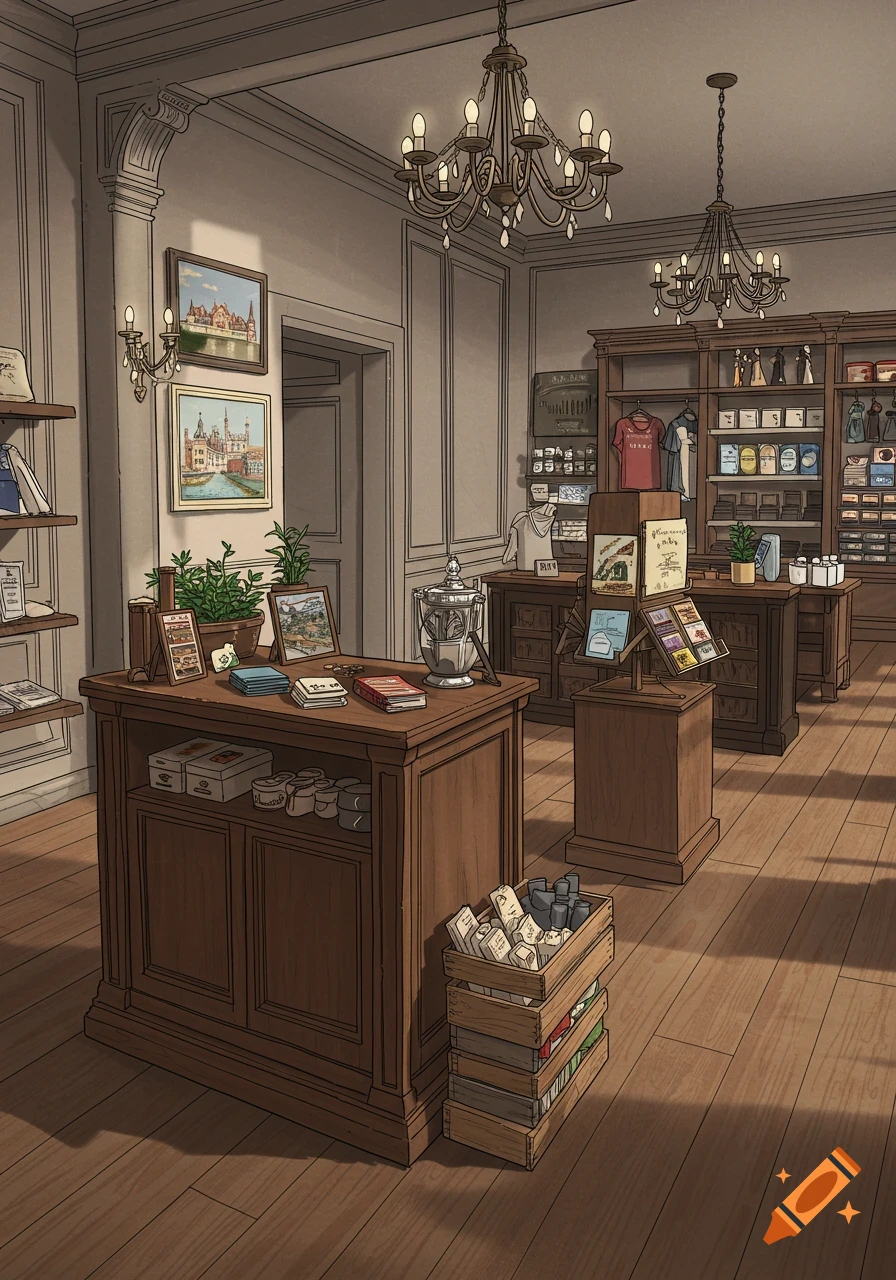 Illustrated interior of a souvenir shop with wooden counters, shelves, and chandeliers.