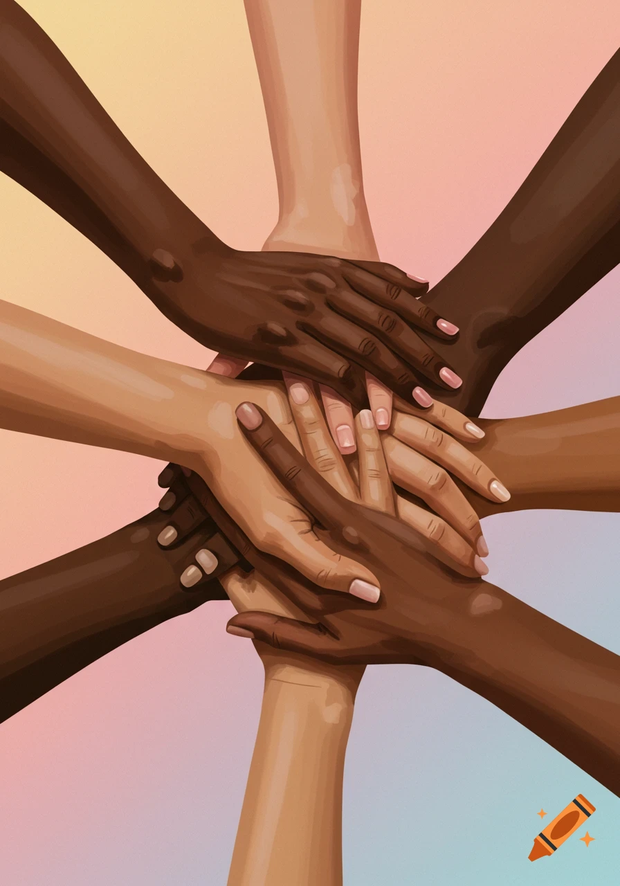Multiple hands with different skin tones joined together.