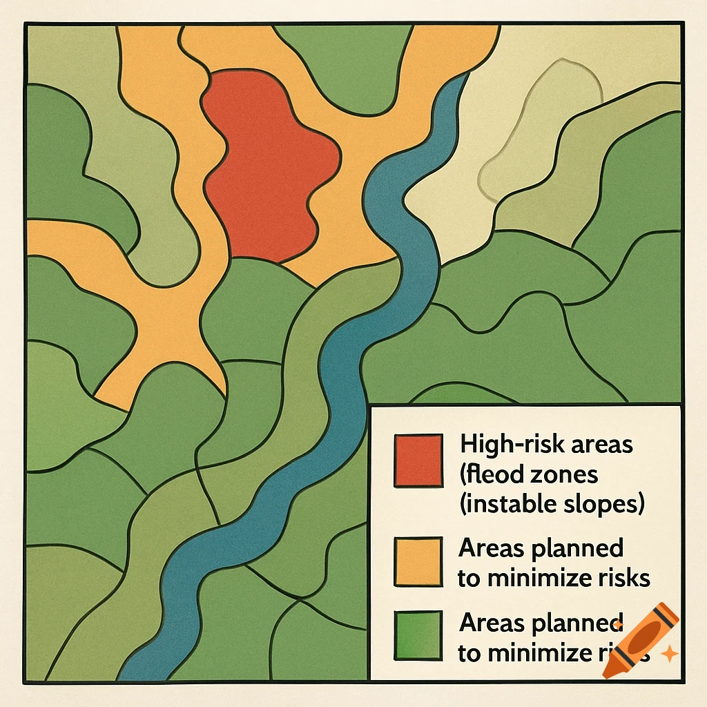 Stylized map showing high-risk (red) and planned (orange, green) areas around a river with a legend.